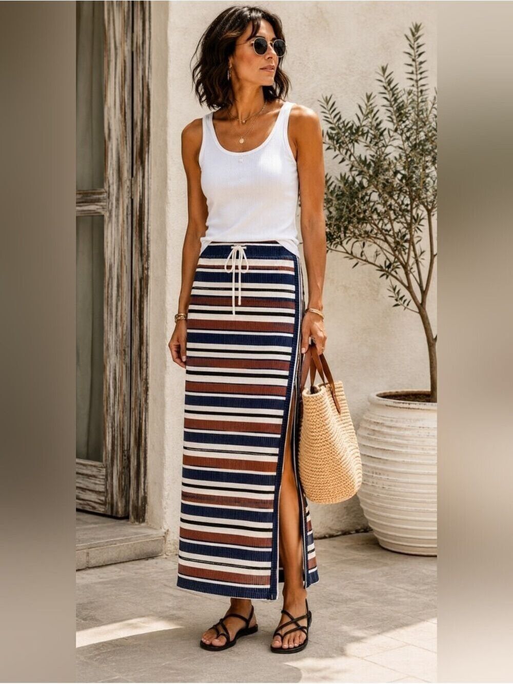 MAX STUDIO STRIPE TEXTURED LIGHTWEIGHT KNIT DRAWSTRING MAXI SKIRT SIZE LARGE